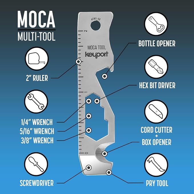 Keyport MOCA 10-in-1 Keychain Multitool - Flat EDC Key Tool - Silver | Fits Key Chains, Select Key Organizers | 420 Stainless | Internal Blade, Travel-Friendly | Box Opener, Pry Bar, Bottle Opener