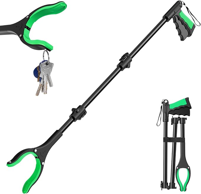 36" Foldable Grabber Reacher Pickup Tool for Seniors, Green | 360° Rotating Jaw, Two Magnets, Extra Long Trash Picker Upper, Lightweight for Elderly, Indoor & Outdoor