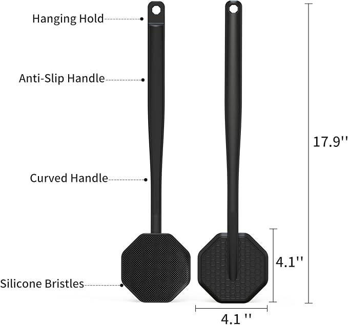iTokGoK® Premium Silver-Infused Silicone Back Scrubber with Long Handle Back Brush for Shower,Back Brush Long Handle for Men and Women,Ergonomic No-Slip Handle, Long-Lasting (Black)