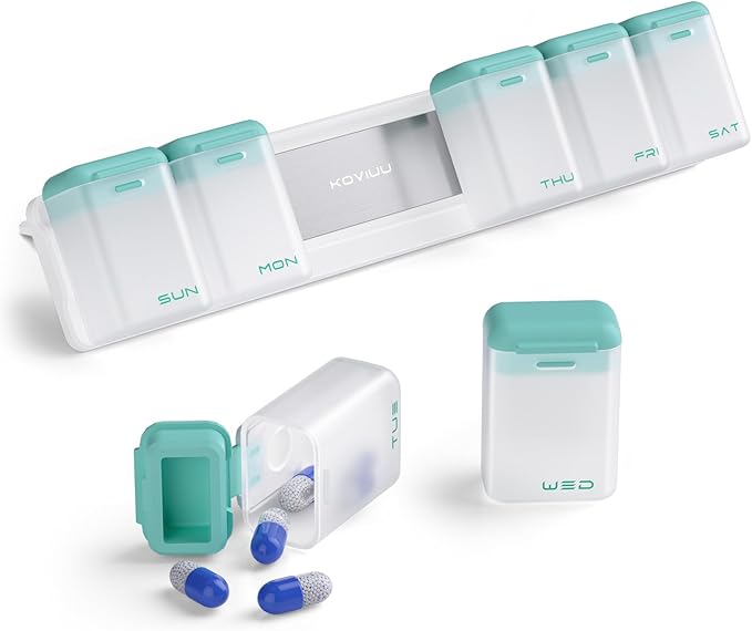 Weekly Pill Organizer Magnetic, Removable Pill Box 7 Day 1 Time a Day, Large Pill Case Travel, Week Once Daily Medication Dispenser, Medicine Container Holder for Supplement Vitamin, Cyan