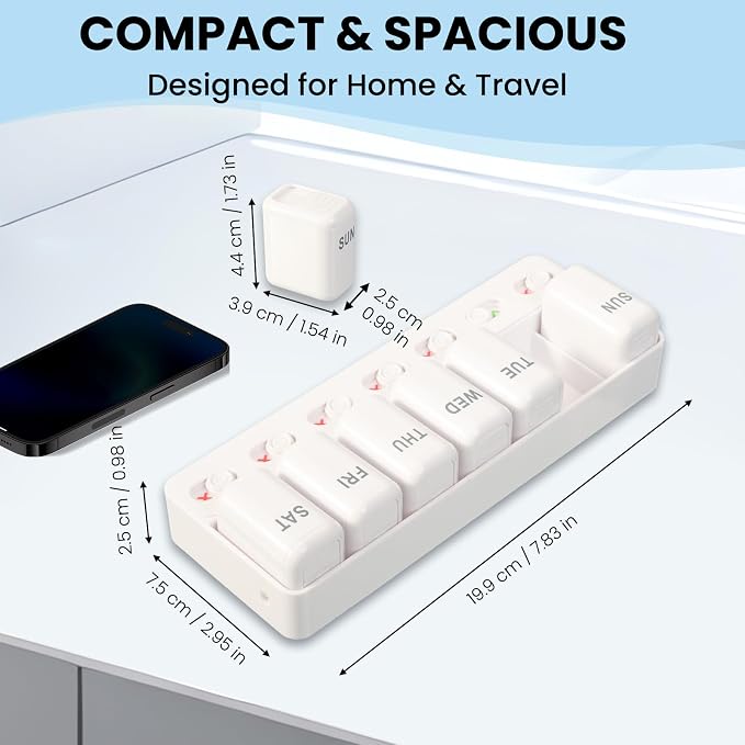 Weekly Pill Organizer with Taken/Untaken Tracker, 7 Day Daily Pill Box for Vitamins Medication Supplements, Large Compartments, Easy Open Leak-Proof Portable Travel Pill Container, BPA Free,White