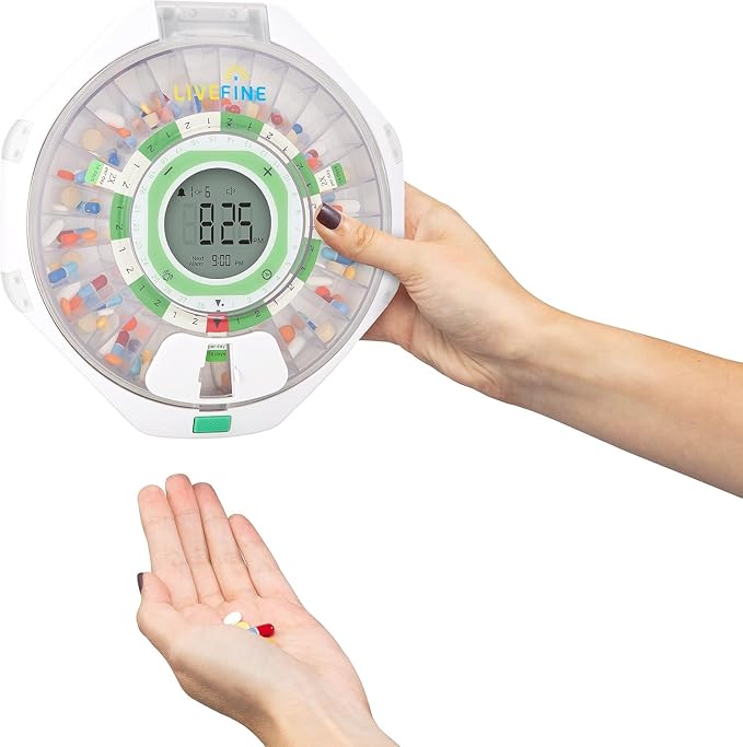 LiveFine 28-Day Automatic Pill Dispenser, 9 Dosage Rings, Clear Lid | Portable, battery-powered with a lockable key cover - built for seniors, arthritis sufferers, and caregivers.