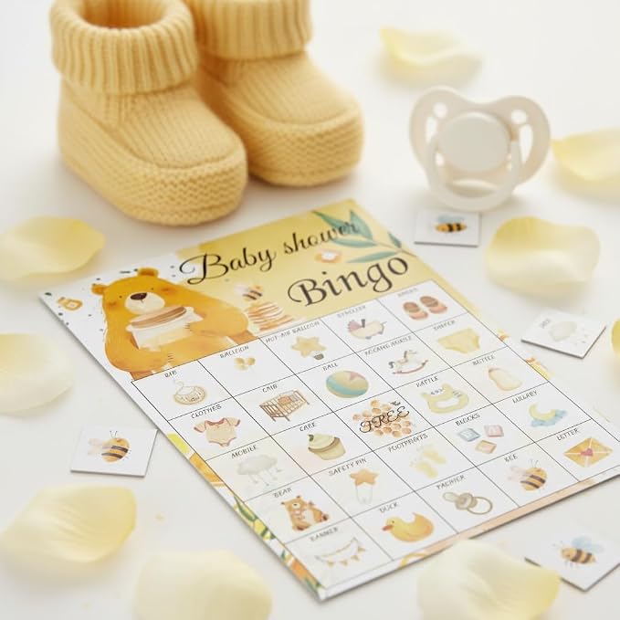 Baby Shower Bingo Game Cards Set for Guests Adults, Honey Bear Baby Shower Party Bingo Game Gender Reveal Bingo Game for Family Friends Large Group Activity, Favors Supplies Decorations