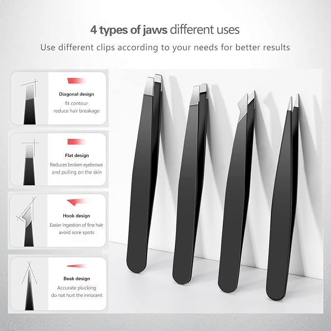Derlaier Tweezers Set Professional High Precision Stainless Steel Eyebrow Remover Ingrown Hair & Splinter Removal Kit Facial Hair Grooming Tools for Men Women Black 4 Pcs
