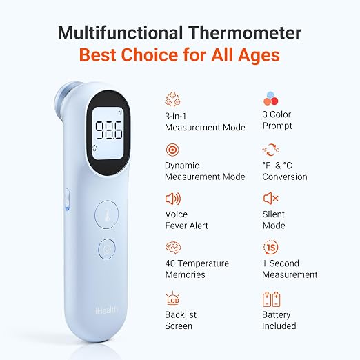 iHealth Infrared Digital Thermometer for Adults, Kids, Baby PT9L Blue | 3-in-1 Mode & 3-Color Prompt, Fever Alarm & Silent Mode, Forehead & Object Detection, 40 Memory Storages