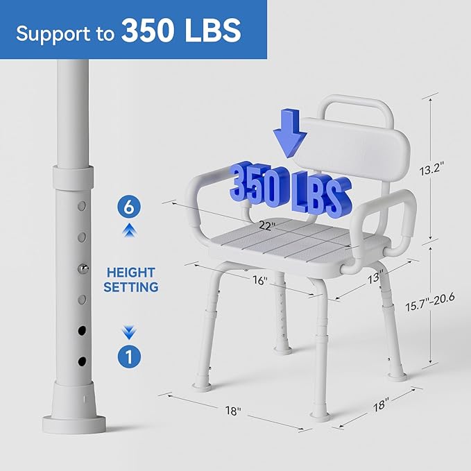 360° Swivel Shower Chair for Inside Shower, Removable Arms & Back, Adjustable Height Rotating Bath Chair for Seniors and Disabled，Tool-Free Assembly，White