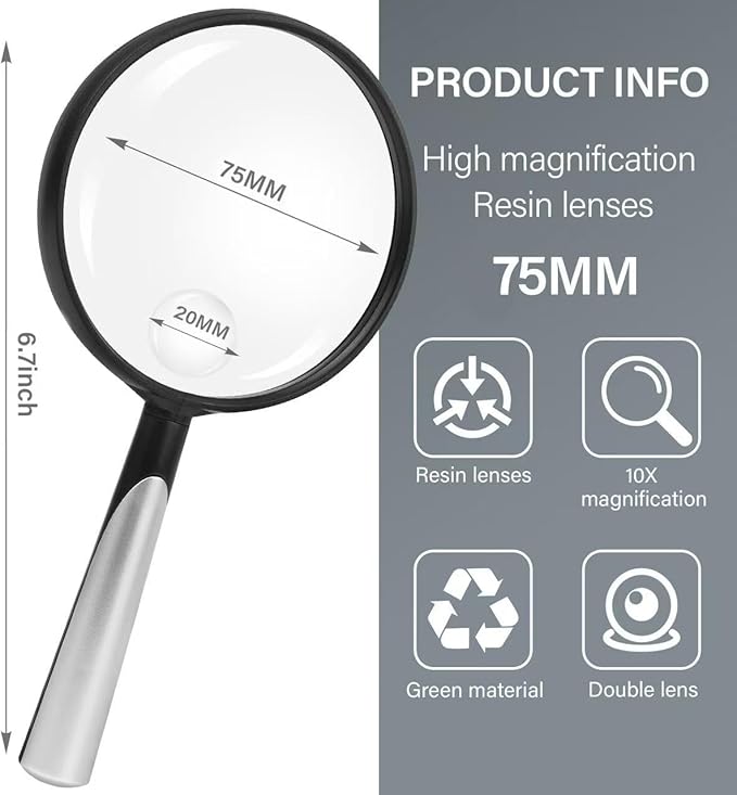 Feosky Handheld Reading Magnifier, 10X Magnifier, 75mm Shatterproof Lens, Non-Slip Handle for Adults Close Work, Seniors Reading and Halloween & Cosplay(Silver)