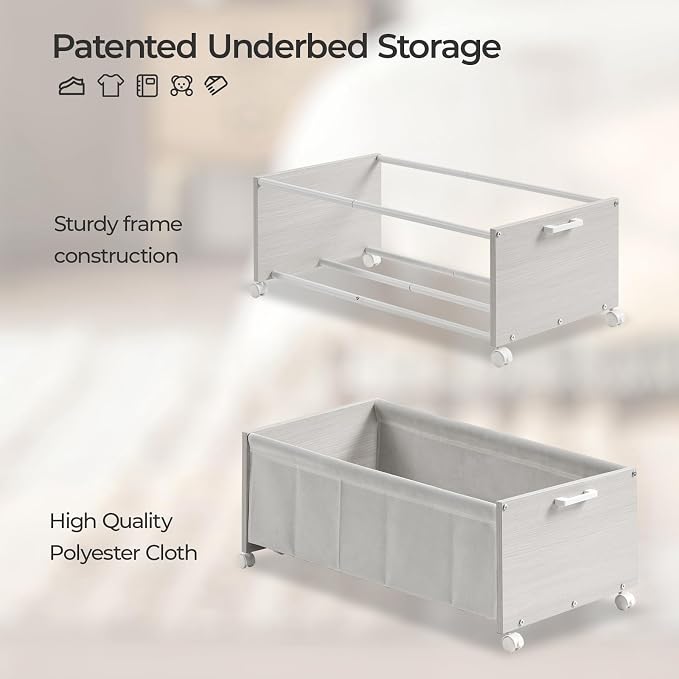 FOUCSSOMEI Under Bed Storage with Wheels, Wooden Under Bed Drawers On Wheels, Rolling Under Bed Shoe Storage, Space Saving,White,Quadruple Size,90L