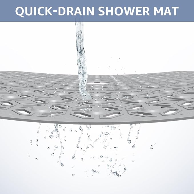 OTHWAY Square Shower Mat, 27"x 27" Extra Large Shower Mats for Inside Shower, TPE Anti Slip Shower mat with Suction Cups Drain Holes, Machine Washable Shower Floor Mat (Light Grey)