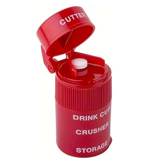 EZY DOSE 3 Compartment Pill Crusher, Cutter and Grinder, Daily Usage, Safely Cut Pills, Vitamins, Tablets, Accurate and Easy Cutting, Stainless Steel Blade, Removable Drinking Cup, Red, BPA Free