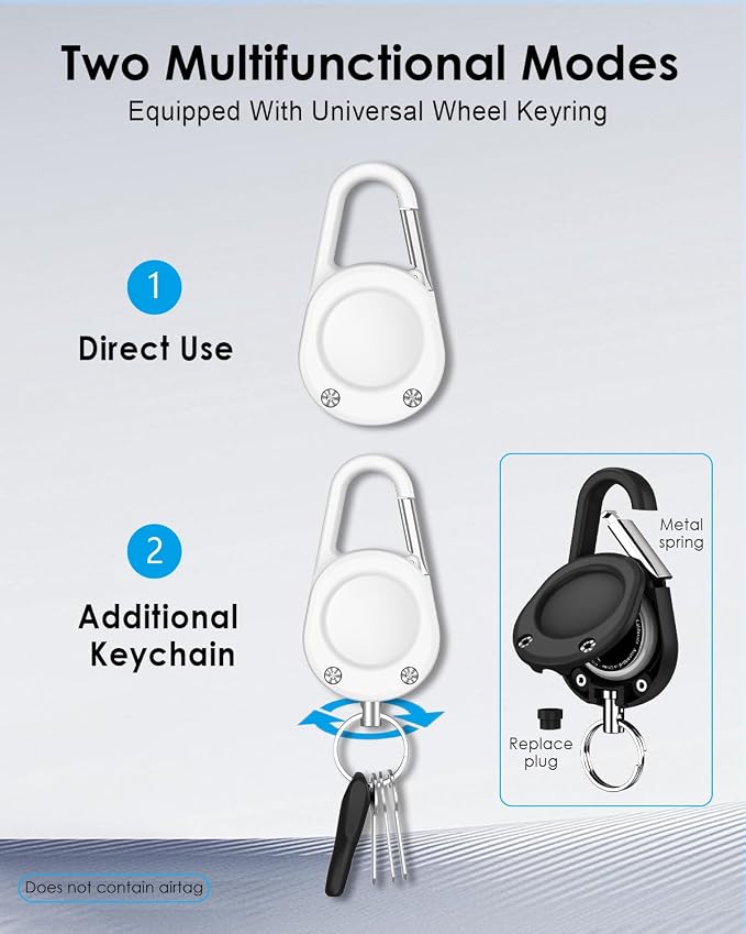for Airtag Keychain,IPX8 Waterproof AirTag Holder with Carabiner,Hard PC,Lock Clip,Universal Wheel Keyring,Air Tag Keychain for Apple Airtag (White 1 Pack)