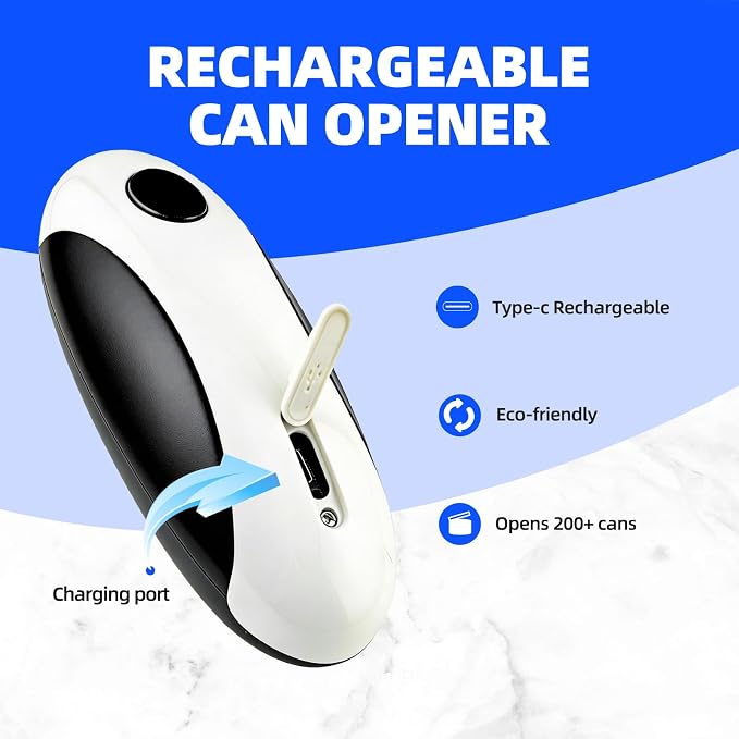 Kitchen Rechargeable Electric Can Opener, One-Touch Opening, Smooth Rim, USB-C Fast Charge, Senior Friendly, White, Hands-Free Design, Easy to Grip and Fits Most Cans