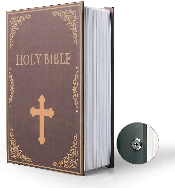Small Sized Diversion Book Safe Storage Box, Dictionary Secret Hidden Box With Security Combination Lock/Key (Key, Bible)