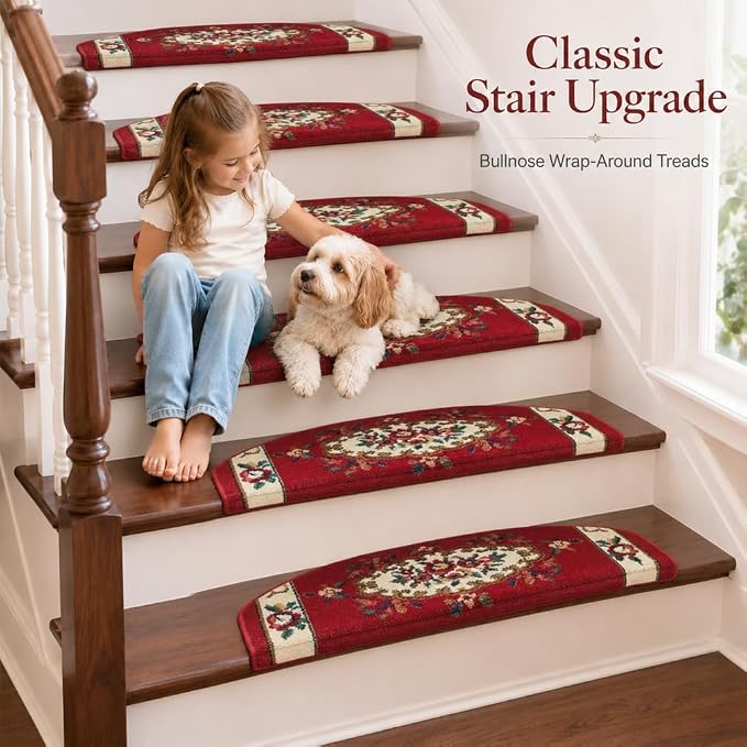 Rounded Bullnose Carpet Stair Treads for Wooden Steps Indoor, No Tape Non Slip Step Mats with TPU Backing & Steel Reinforced Edge for Dogs Elders,Ivory red,28