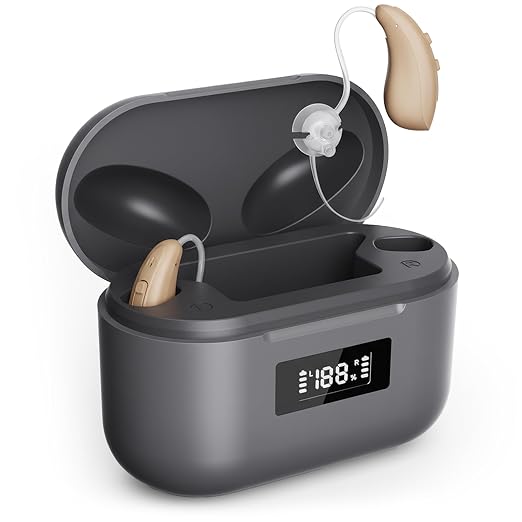 Rechargeable Hearing Aids for seniors with Intelligent Noise Reduction - Over ear hearing aid for women & men - OTC Hearing Aids for severe hearing loss with Fast charging case - Hearing Amplifiers for Seniors