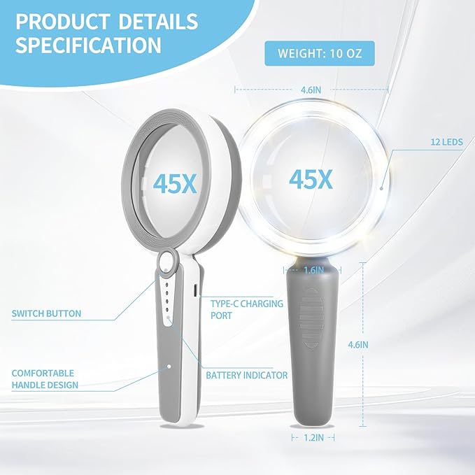 45X Magnifying Glass with Light, 1200mAh USB Rechargeable, 6 Light Modes, 4.6" Large Handheld Magnifier for Low Vision Seniors with Macular Degeneration, Reading, Jewelry, Coins - Grey
