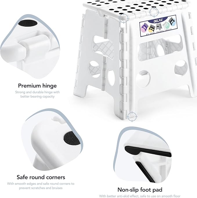Delxo 13" Folding Step Stool for Kids and Adults, Non-Slip Foldable Step Stools with Handle,Plastic Portable Folding Stool for Bathroom,Bedroom,Kitchen,Hold up to 300lbs White