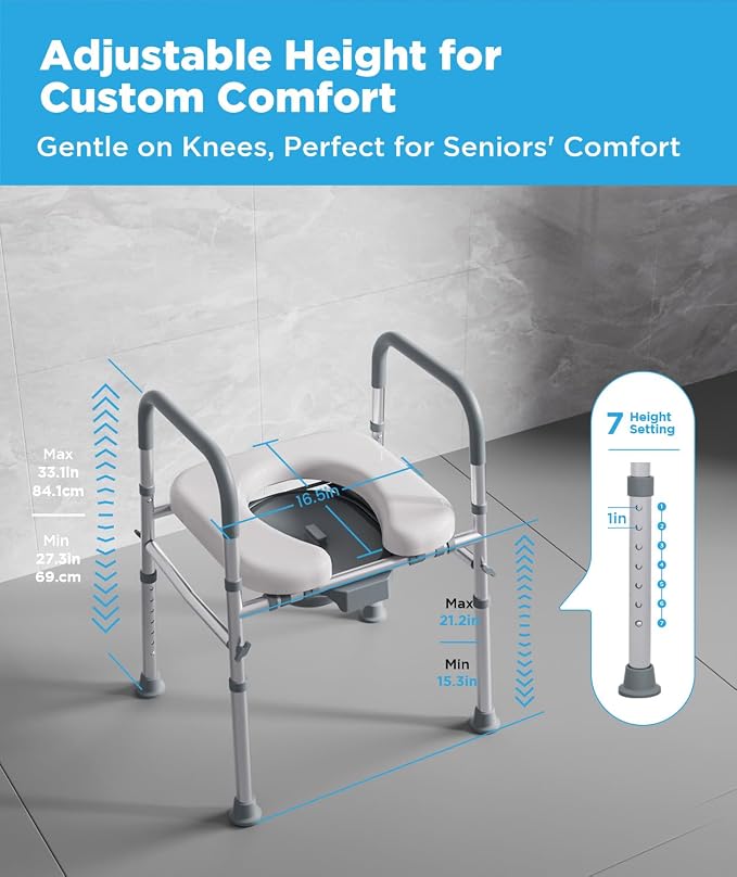 Bedside Commode for Seniors,FSA/HSA Eligible 3-in-1 Commode Toilet | Adjustable Height & Width, 16.5 Inch Soft Seat Plate, Tool-Free Assembly, Durable Aluminum Frame, Use as Raised Toilet