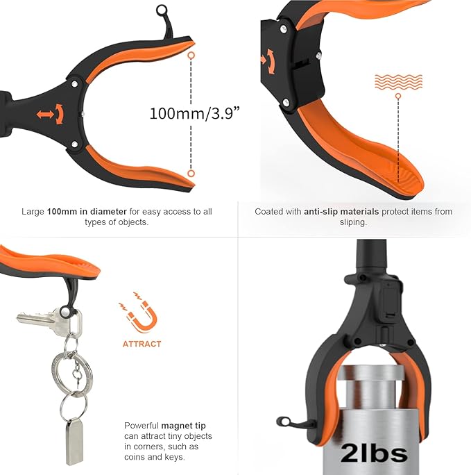 KEKOY 2-Pack Grabber Reacher Tool with Light, 32" Foldable, Orange | Magnetic Tip | 90° Rotating Head | Rubber Jaw | Trash Picker for Elderly | Aluminum Alloy | Indoor & Outdoor Use