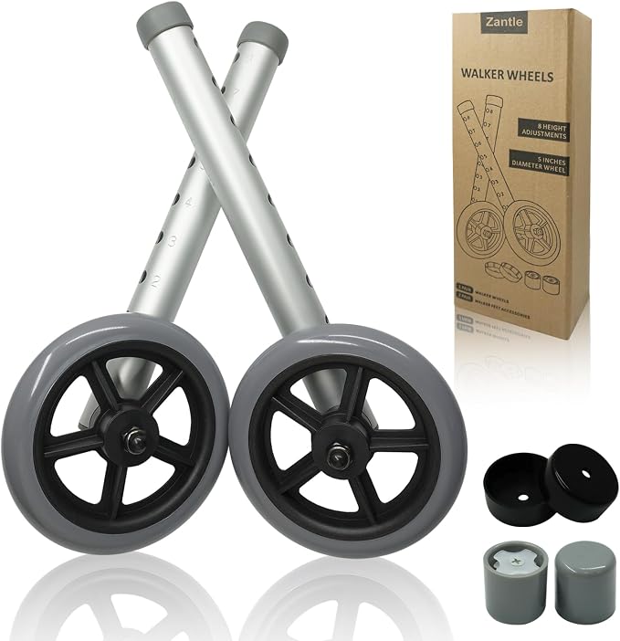 Walker Wheels Replacement - 5 Inch Wheels for Walkers for Seniors | 1 Pair Walker Wheels for Walkers with 1 Inch Tube Diameter, Walker Feet Accessories (Grey)