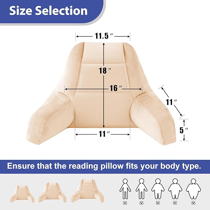 Reading Pillows for Sitting in Bed Adult, Back Pillow for Bed Sitting Up, Backrest Pillows with Shredded Foam for Adult&Teens, Support Pillow with Arms for Beds, Couch, Floor, 18in, Beige