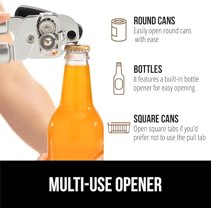 GORILLA GRIP Heavy Duty Stainless Steel Smooth Edge Manual Can Opener, Soft Comfortable Handle, Large Handheld Turn Knob, Built-In Bottle Openers, US Designed, Holiday Prep Kitchen Essential, Black