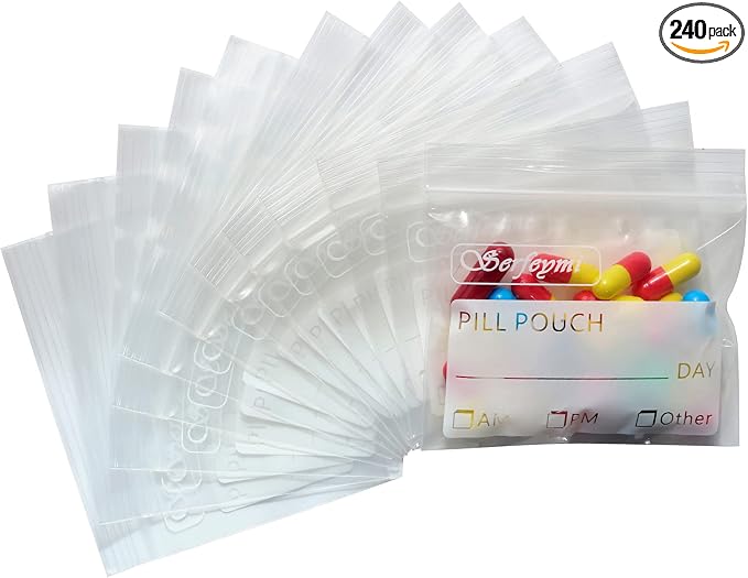 Serfeymi Pill Bags for Travel Pill Pouch Organizer Pack of 240 BPA Free 3 x 2.75 inch Reusable Pill Pouches for Medicine with Write on Label & Zipper Seal Waterproof AM PM Pill Baggies for Supplements