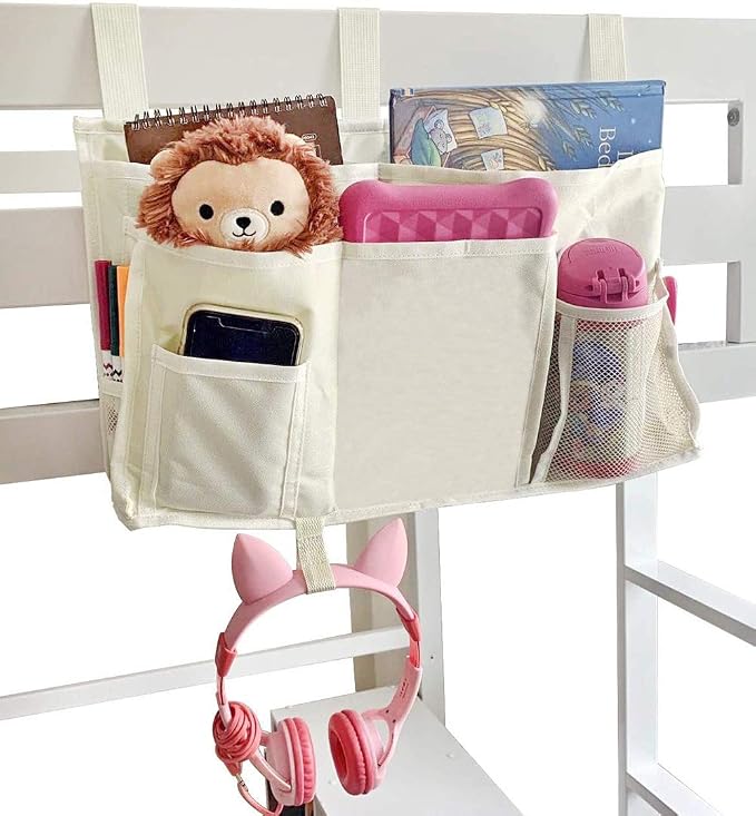 Bunk Bed Organizer - Bedside Storage Caddy with Pocket, Hanging Organizer for Dorm Room, Hospital Bed Rail and More (Cream)