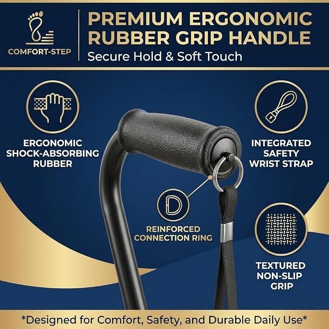 PARLORA Walking Cane 4 Prong for Stability - 3-in-1 Foldable Heavy Duty Cane with Interchangeable Quad & Single Bases, 8 Adjustable Heights, Offset Handle & Wrist Strap for Women, Men & Seniors
