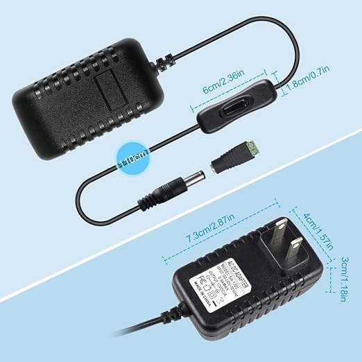 12V Power Supply, 12 Volt 2A 24W DC Power Supply with On Off Switch, Black Switching LED Power Adapter, AC 110V to 12V Transformer Plug for LED Strip Lights with 5.5/2.1 DC Female Connector, 3 Pack