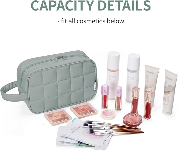 Narwey Quilted Makeup Bag Puffy Make up Bag Cosmetic Bag Organizer, Puffer Travel Toiletry Bag for Traveling Women Girl, Travel Bag for Toiletries, Skincare Medicine Bags (Sage Green)