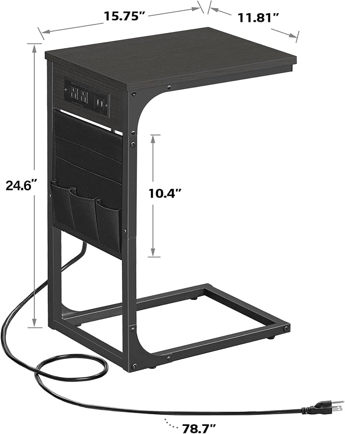TUTOTAK C Shaped End Table with Charging Station, Side Table for Sofa | Couch Table with Storage Bag, TV Tray with 2 USB Ports and Outlets, Living Room and Bedroom, Black TB01BK024