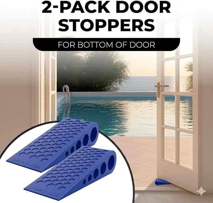 Door Stoppers for Bottom of Door Premium Floor Rubber Door Stop Wedge Made in USA Heavy Duty Honeycomb Design for Carpet, Tile, Ideal for Home, School, Commercial,Blue 4 Pack