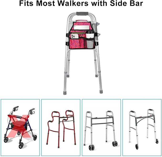 supregear Side Walker Bag, Walker Accessories Bag w/Cup Holder, Folding Walker Basket Waterproof Walker Organizer Caddy Pouch for Most Walker with Side Bar for Seniors, Elderly, Double Sided