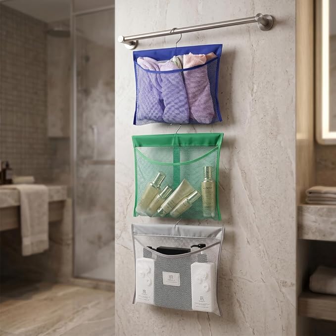 ALYER Hanging Mesh Shower Pockets Caddy for 34oz/1000ml Shampoo and Conditioner, Colorful Bath Toy Organizer, Hanging Tandem Type Closet Accessories Storage Bag, White