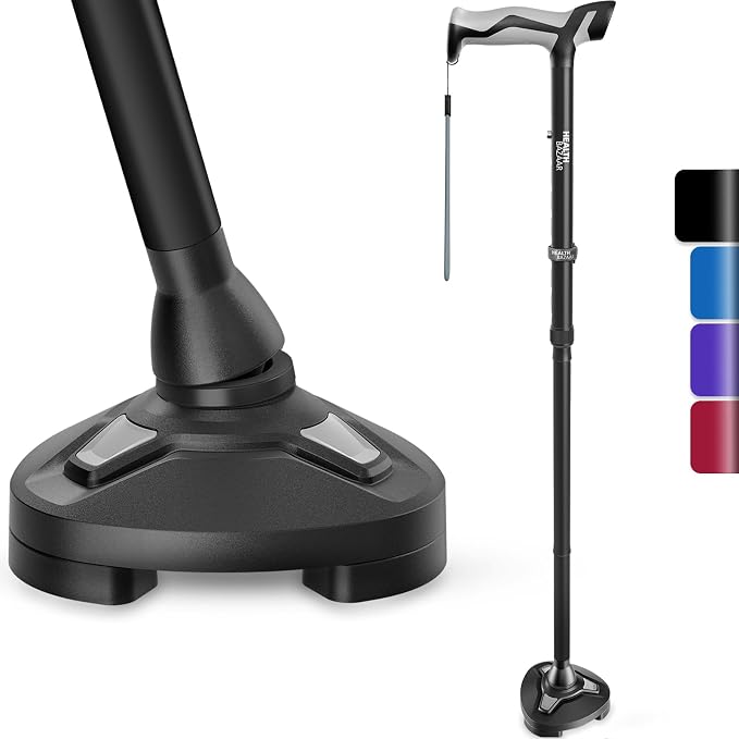healthbazaar Walking Cane for Men & Women - Self Standing Pivot Cane, Adjustable, Foldable Walking Sticks for Seniors & Adults with Wrist Strap, Travel Bag | TRIGRIP