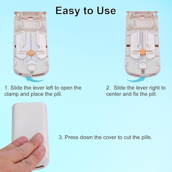 Pill Cutter for Multiple Pills, Pill Splitter for Large, Small and Tiny Pills 1/2 1/3 1/4 - Upgraded Dual Blade for Clean Cutting, with Adjustable Centering Device