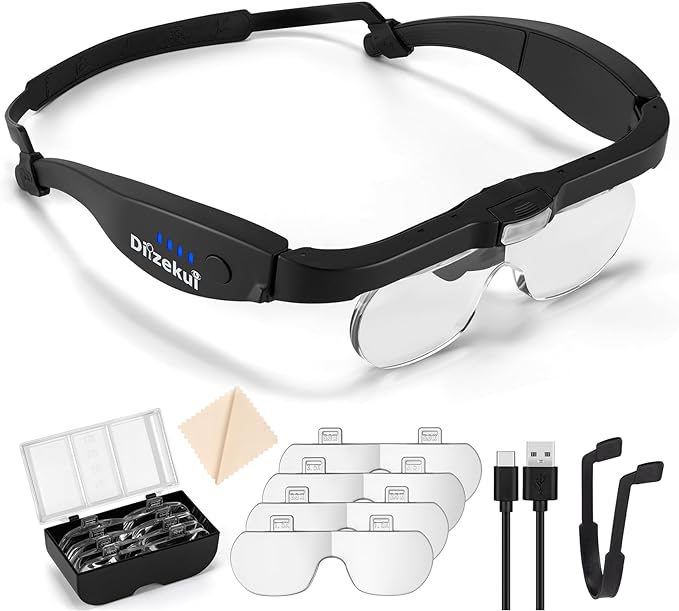 Dilzekui Magnifying Glass w/Light,1.5X-5X Magnifying Glasses Acrylic Lenses | Rechargeable Light with 2 Levels, Type-c Charged, 2 Wearing Ways, Hands free Headband Magnifier for Close Work Craft Hobbies