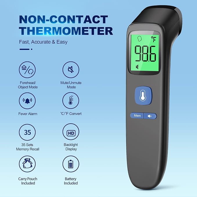 No-Touch Thermometer for Adults, Kids, Babies, 1-Sec Fast Accurate (Black) | Fever Alarm, Large LCD with 3-Color Backlight, Silent Mode, 35-Reading Memory, Forehead & Object Mode, for Home & Clinic