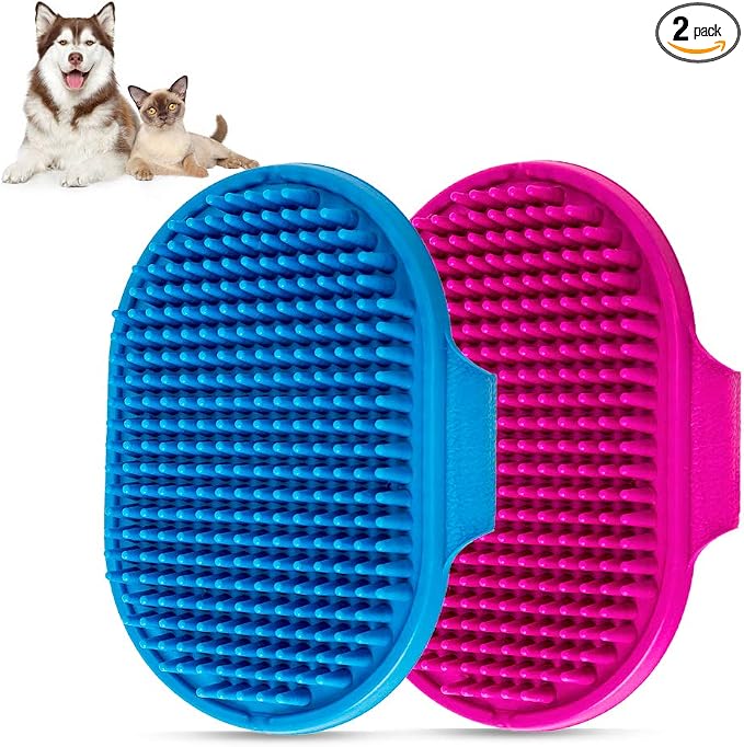 Dog Bath Brush Pet Bath Comb Brush Soothing Massage Rubber Comb 2pcs with Adjustable Ring Handle for Long Short Haired Dogs and Cats (Blue+Rose)