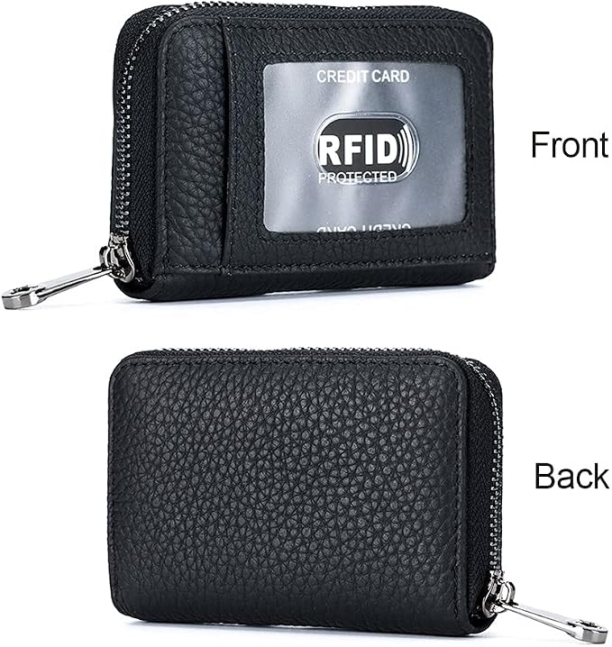 Genuine Leather Credit Card Wallet Accordion Zipper Rfid Credit Card Holder Small Coin Purse with ID Window (black)