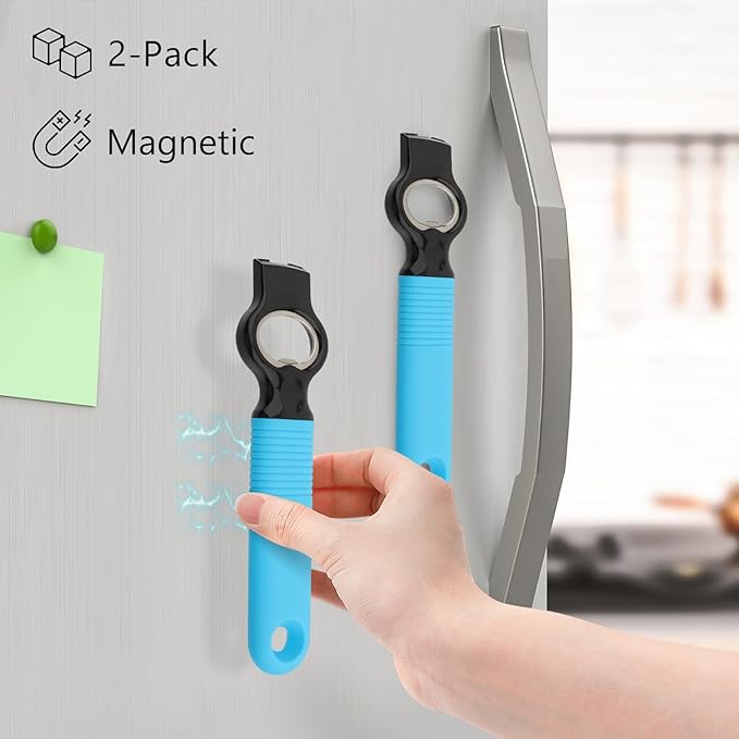 2-Pack Magnetic Beer Bottle Opener & Soda Can Opener, 2-in-1 Bottle Opener and Can Tab Opener Tool for Bartender, Long Nails, Arthritis, Silicone Handle with Build in Magnet - Gemstone Blue