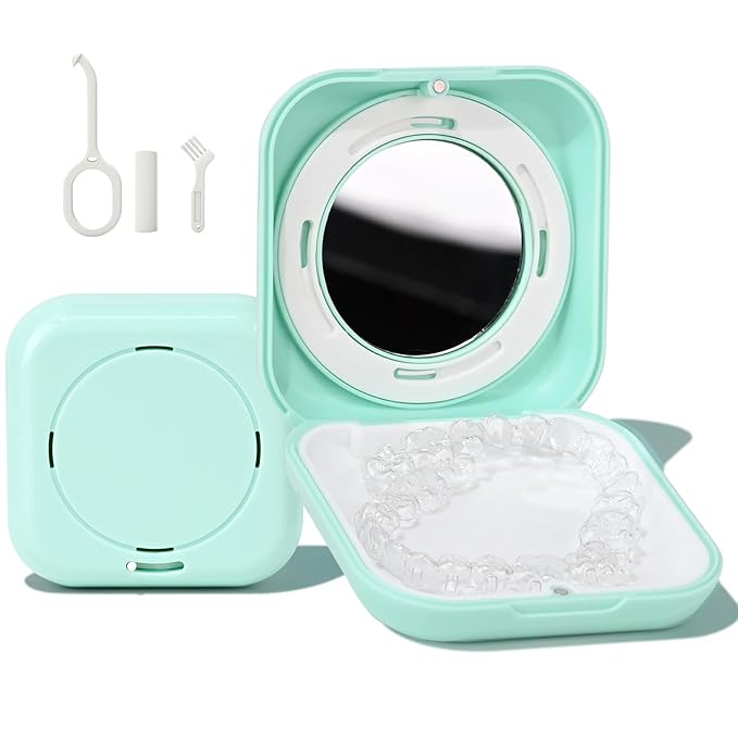 HEMILAB® Retainer Case, Slim Aligner Case with Vent Holes, Compatible with Invisalign, Mouth Guard Case with Mirror, Cute Orthodontic Retainer Case with Retainer Removal Tool and Brush, MintGreen