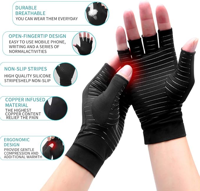 2 Pairs Copper Arthritis Gloves for Women Men, Fingerless Breathable & Moisture Wicking Arthritis Compression Gloves for Computer Typing and Dailywork of Hands joint Support (Small)