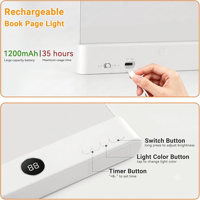 Amber Book Light, Rechargeable Clear LED Flat Reading Light with 3 Colors & Timer, Dimmable Panel Plate Lamp Book Full Page Light for Reading in Bed at Night, Funny Gifts for Readers Book Lovers
