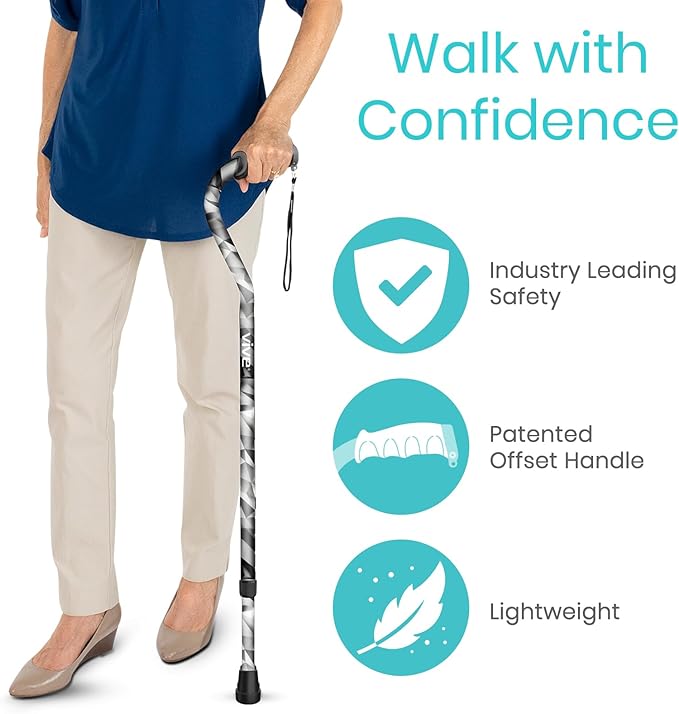 Vive Walking Cane for Women, Men, Elderly - Patented Offset Grip - Lightweight Adjustable Walking Aid with a Non-Slip Tip - Sturdy Balancing Mobility Aid for Seniors