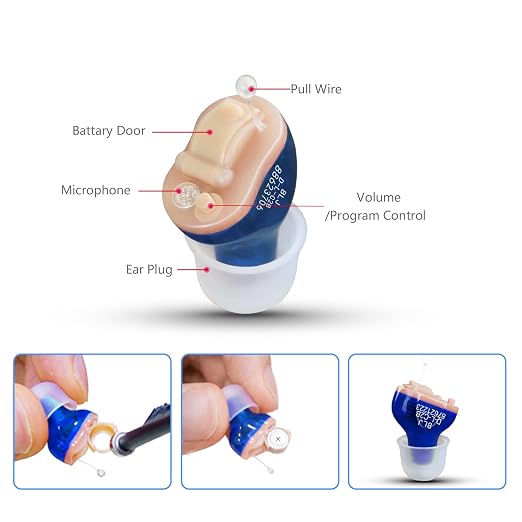 BLJ Hearing Aid for Seniors and Adults with Noise Reduction and Feedback Cancellation ITC Hearing Amplifier, 7 Batteries and 9 Ear Domes (Blue-Left Ear)