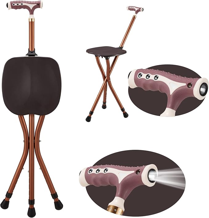 Haddockway Walking Cane with Folding Seat 440lbs Capacity Portable Crutch Chair with LED Light Adjustable Height Outdoor Rest Stool Sticks for Elderly Seniors Women Men