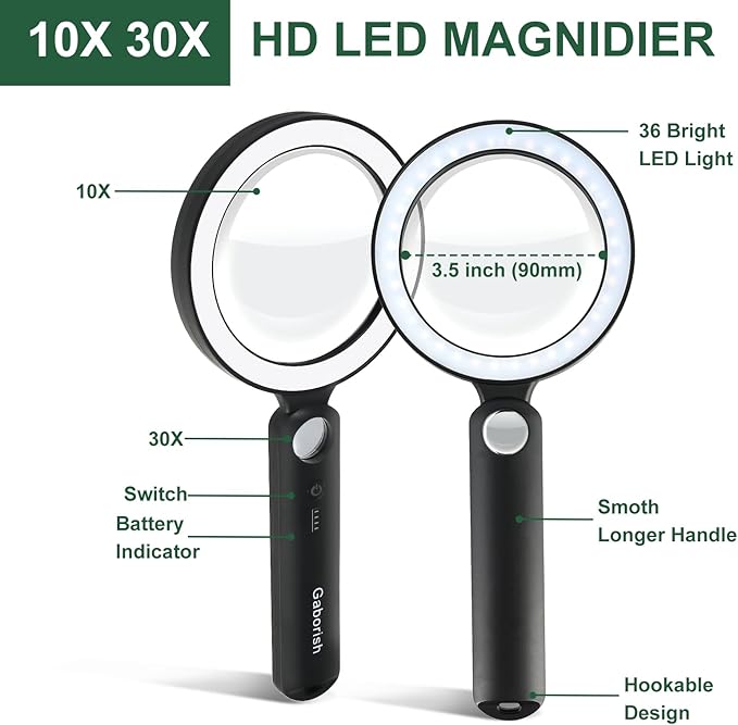 Magnifier with 36 LED Light and Case, 10X 30X Handheld Real Glass Magnifier with 5 Light Modes Dimmable Rechargeable Lighted Magnifying Glass for Seniors Reading, Inspection (White & Black)