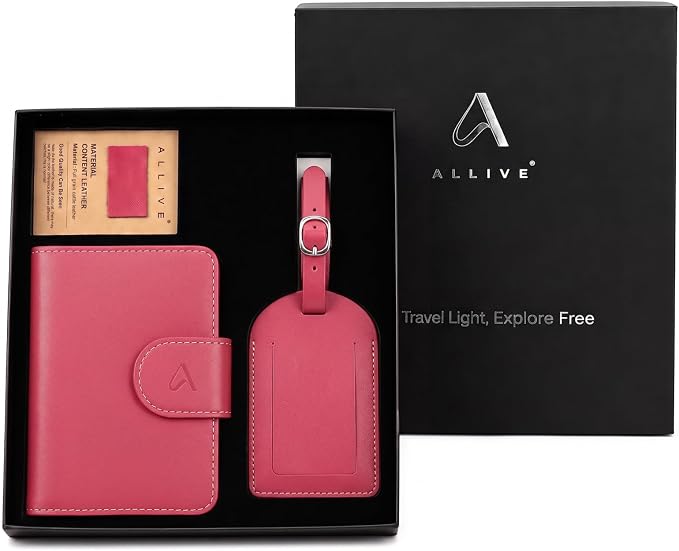 ALLIVE Rfid Passport Holder for Travel Women, Rfid Passport Cover Wallet, Genuine Leather Passport Holder for Travel with AirTag Hidden, Gift Set with Luggage Tag in Premium Gift Box (Rose Pink)
